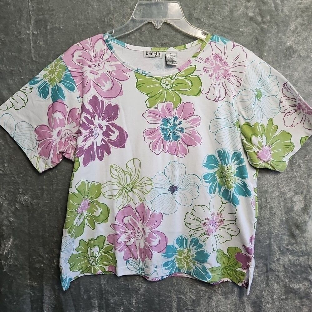 Kenneth Too Women’s Sz Lg Top Purple Green Floral Cotton Blend
